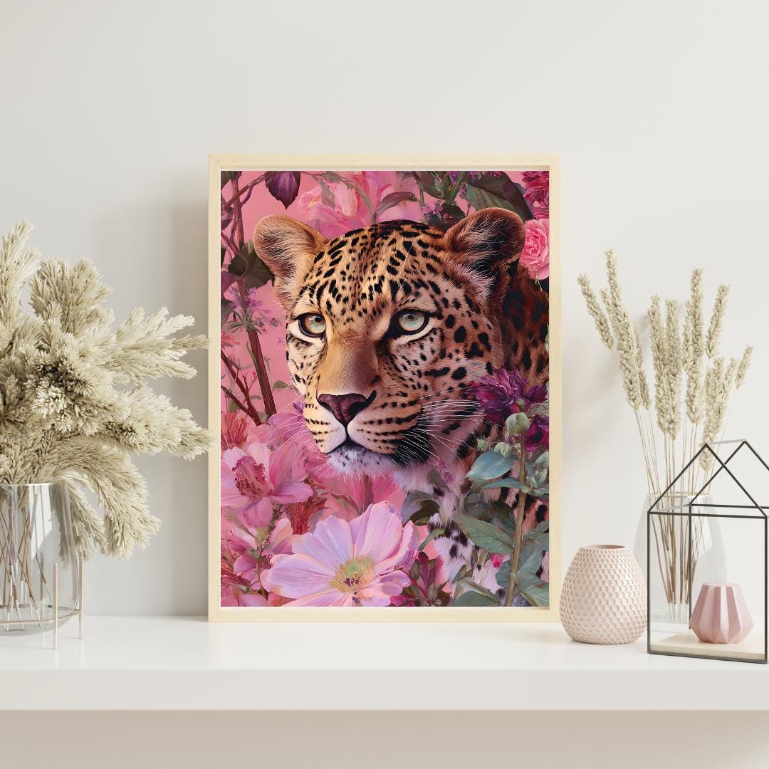 Leopard Wall Art Floral Oil Painting Boho Wall Art Animal Wall Art ...
