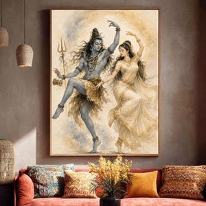 May include: A rectangular wall art print depicting the Hindu deities Shiva and Parvati in a dynamic dance pose. Shiva has blue skin, holds a trident, and wears a skirt, while Parvati wears a flowing cream-colored garment. The background is a soft, circular golden-hued wash.