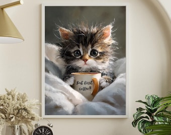 Whimsical Kitten Coffee Art: stampa in stile dipinto a olio (download digitale) Arte murale più venduta