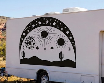 Desert Night Camper Decal, Celestial Sun and Moon RV Vinly, Boho Mountain Star Sticker
