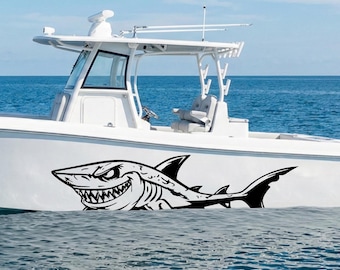 Shark Villain Decal, Predator Boat Graphic, Cartoon Shark Vinyl Sticker, Speedboat Hull Side Livery
