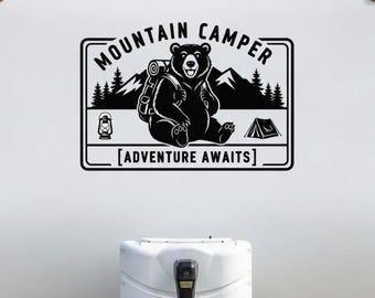 Mountain Camper Bear, Adventure Awaits RV, Backpacking Bear Art, Outdoor Explorer Badge