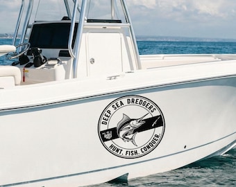 Fishing Club Logo Wrap, Swordfish Boat Decal, Marine Badge Sticker, Hunt Fish Conquer Livery