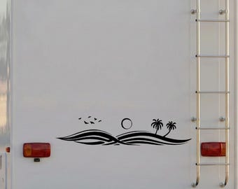 Minimalist Coastal Decal, Palm Tree Wave Art, Florida RV Side Wrap, Camper Van Graphic