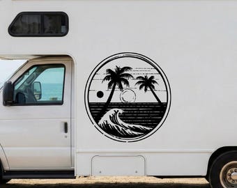 Retro Hawaii Surf Decal, Wave Sticker, 80s Sunset Caravan, Nostalgic RV Badge, Coastal Wrap