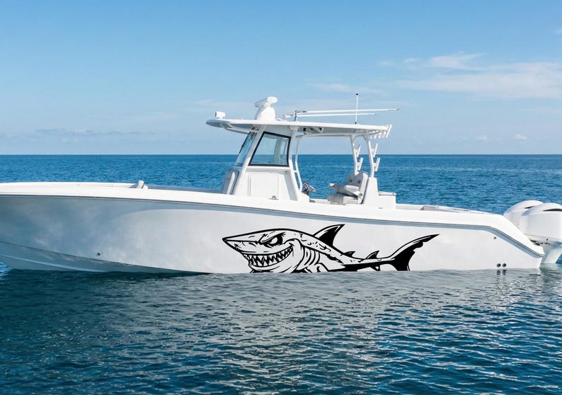 Shark Villain Decal, Predator Boat Graphic, Cartoon Shark Vinyl Sticker, Speedboat Hull Side Livery