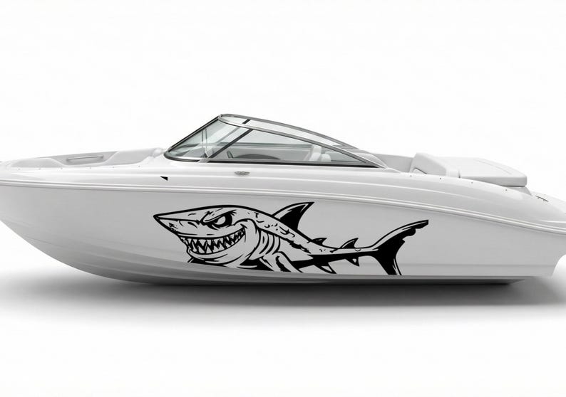 Shark Villain Decal, Predator Boat Graphic, Cartoon Shark Vinyl Sticker, Speedboat Hull Side Livery