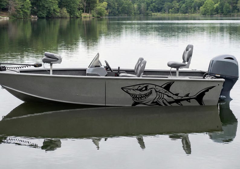 Shark Villain Decal, Predator Boat Graphic, Cartoon Shark Vinyl Sticker, Speedboat Hull Side Livery