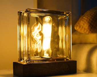 Lámpara de ladrillo de cristal acogedora – Lámpara de mesa de madera hecha a mano, iluminación decorativa para el hogar