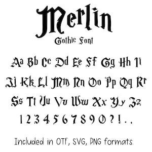May include: Black "Merlin" Gothic font with uppercase and lowercase letters, numbers, and symbols. The font includes OTF, SVG, and PNG formats. The word "Merlin" is at the top.