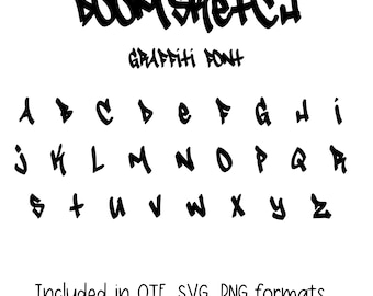 May include: A black graffiti font called "DOOMSKETCH" with the words "GRAFFITI FONT" below it. The alphabet is displayed in a bold, stylized font. The text "Included in OTF, SVG, PNG formats" is at the bottom.
