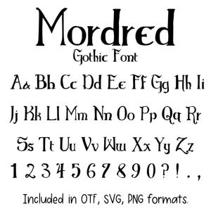 Könnte beinhalten: Schwarz-weiß-Bild, das die gotische Schriftart "Mordred" zeigt. Die Schriftart enthält Groß- und Kleinbuchstaben, Zahlen und Satzzeichen. Der Text "Gothic Font" wird ebenfalls angezeigt.