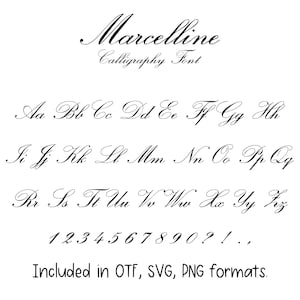 Puede incluir: Imagen en blanco y negro que muestra la fuente Marcelline Calligraphy. La fuente incluye letras mayúsculas y minúsculas, números y signos de puntuación. También se muestra el texto "Included in OTF, SVG, PNG formats".
