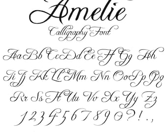 May include: A black and white image showcasing the "Amelie Calligraphy Font." The font includes uppercase and lowercase letters, numbers, and punctuation. The text "Included in OTF, SVG, PNG formats" is at the bottom.