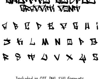 May include: Black graffiti font set with the words "Ghetto Gospel" and "Graffiti Font" at the top. The alphabet is displayed below. The text "Included in OTF, PNG, SVG formats" is at the bottom.