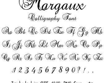 May include: A black and white image showcasing the "Margaux Calligraphy Font." The font includes uppercase and lowercase letters, numbers, and punctuation marks. The text "Included in OTF, SVG, PNG formats" is at the bottom.