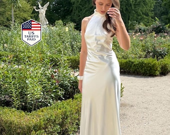 Simple Wedding Dress with Halter Neck Backless Halter Neck Dress with Scarf Bridal Gown Maxi Slip Dress with Open Back | CANDY