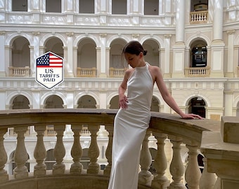 Handmade Modern Halter Wedding Dress with Open Back, Simple Bridal or Bridesmaid Maxi | AMANDA