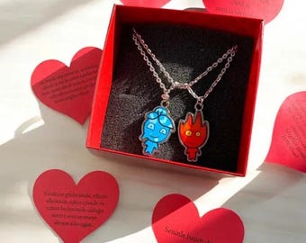 Juego de collares de pareja de fuego y agua, collares de pareja de plata, joyería de la amistad, juego de 2 para parejas, collares a juego para parejas