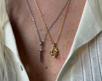 Love Hurts Couple Necklace, Matching Rose & Sword Couple Necklaces , Valentines Day Gift