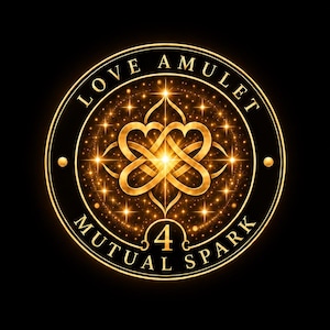 May include: A circular gold emblem on a black background featuring a central glowing heart-shaped knot design surrounded by sparkling light. The text LOVE AMULET is arched at the top, while MUTUAL SPARK is at the bottom with the number 4 in the center.