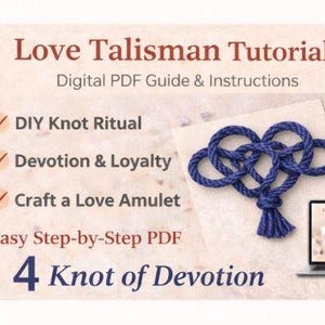Puede incluir: Una guía PDF digital titulada "Love Talisman Tutorial" con instrucciones para un ritual de nudos DIY. La imagen presenta un corazón anudado azul, un portátil y un smartphone que muestra el tutorial. El texto incluye "Devoción y Lealtad".