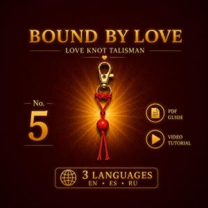 May include: A red cord love knot talisman with a gold-toned metal lobster clasp and a single red bead. The text reads BOUND BY LOVE, LOVE KNOT TALISMAN, No. 5, PDF GUIDE, VIDEO TUTORIAL, and 3 LANGUAGES EN ES RU on a dark background.