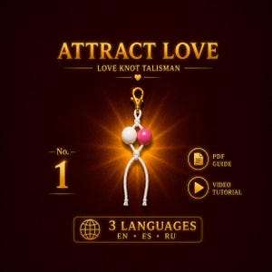 Puede incluir: Un talismán de nudo de amor con un cierre de mosquetón dorado, un cordón blanco y dos cuentas esféricas en blanco y rosa. El texto dice ATTRACT LOVE, LOVE KNOT TALISMAN, No. 1, PDF GUIDE, VIDEO TUTORIAL y 3 LANGUAGES EN ES RU.