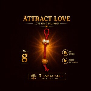 Könnte beinhalten: Ein Liebesknoten-Talisman aus roter Kordel mit zwei weißen Perlen und einer großen braunen Perle. Der Text lautet ATTRACT LOVE, LOVE KNOT TALISMAN, No. 8, PDF GUIDE, VIDEO TUTORIAL und 3 LANGUAGES EN ES RU vor einem dunklen Hintergrund mit Gold.
