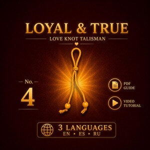 Könnte beinhalten: Ein goldenes Liebesknoten-Talisman aus Seil mit zwei Perlen an den Enden, beschriftet mit No. 4. Der Text lautet LOYAL & TRUE, LOVE KNOT TALISMAN, PDF GUIDE, VIDEO TUTORIAL und 3 LANGUAGES EN ES RU vor einem dunklen Hintergrund mit Lichteffekt.