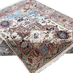 Hand-Knotted 8x10 Serapi Rug  Ivory & Light Blue Persian Style Wool Carpet  Heriz Design Traditional Oriental Area Rug