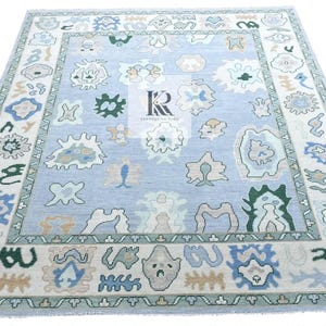 Oushak Rug Hand Knotted 8x10, 9x12, 10x14, Wool Traditional Blue and Ivory Vintage Antique Oushak Wool Area Rug, Living Room Rug