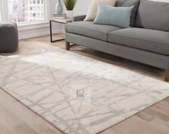 Hand-Tufted Wool Blend Rug: Minimalist Ivory Grey Abstract Design