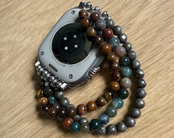 Manifestation and Abundance Crystal Smartwatch Armband Tigeröga • Pyrit • Jaspis | Stretchigt pärlband för Apple eller Smart Watch