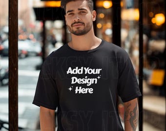 Comfort Colors 1717 Black T-Shirt Mockup | Male Model Streetwear Urban Tee | Lifestyle Shirt Mock Up | Digital Download for Designers