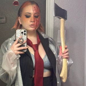 American Psycho Costume Patrick Bateman&#39;s Clear Vinyl Rain Coat, SHORT Axe Prop, business cards and fake &quot;FORE&quot; CD,  23&quot; long plastic Ax