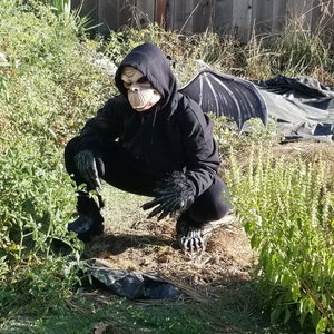 May include: A person in a black hooded sweatshirt and pants, wearing a monster mask with a beige face and a black hood. The person is crouching in a grassy area, with black gloves and boots. A pair of black wings are behind the person.