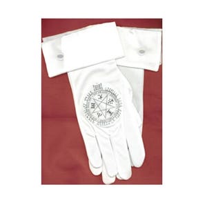 May include: A pair of white gloves with a decorative emblem on the back of the hand. The emblem is a circular design with a star in the center and text around the perimeter. The gloves have a cuff with a button closure.