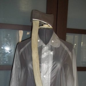 American Psycho Costume 33&quot; Axe Patrick Bateman&#39;s Clear Vinyl Rain Coat, business cards and fake &quot;FORE&quot; CD, + choice to add headphones