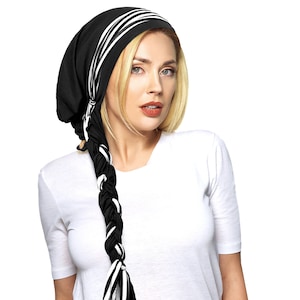 Black Headscarf Stripes Tichel Snood Chemo Head Scarf Hair Snood Chemo Cap Soft Comfy Cotton Versatile Head Cover Long