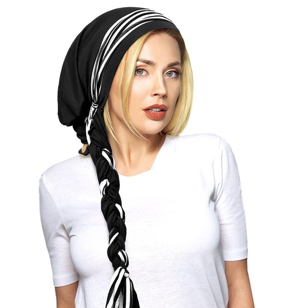 Black Headscarf Stripes Tichel Snood Chemo Head Scarf Hair Snood Chemo Cap Soft Comfy Cotton Versatile Head Cover Long