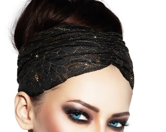 Black Gold Lace Headband Wide Sparkly Gold Lurex Stretchy Lace Boho Chic Head Band Hair Bands Wedding Vintage  Great Coverage ShariRose