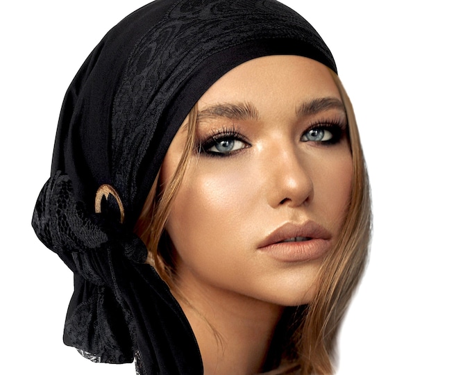 Black Head Scarf Lace Head Cover for Women Boho Chic Pre Tied Etsy