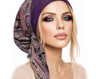 Purple Head Wear for Women: Soft Colorful Knit Non Slip Pre-Tied Headscarf