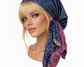 Navy Blue Pink Cotton Head Scarf: Non Slip Lightweight Sheer Pre Tied Bandana