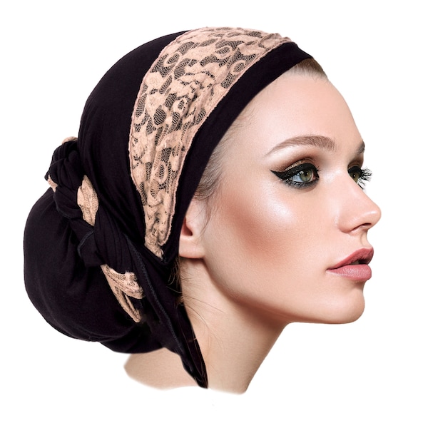 Black Head Scarf Beige Lace Snoods Pre Tied Bandana Head Scarves Hair Snood Chemo Boho Chic Taupe Cream Lace Versatile - 076