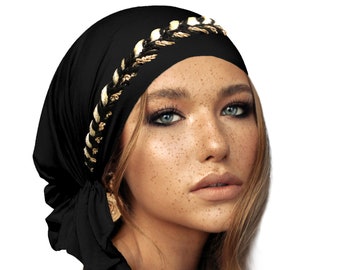 Black Gold Headscarf Braid Gold White Tichel Head Scarf Lace Chemo Head Scarf Hair Snood Pre tied Bandana Comfy Cotton Boho Chic ShariRose