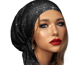 Black Sparkly Head Cover For Women Non Slip Head Wear Silver Sparkles Pre-Tied Head Scarf Sparkly Knit Lightweight Bandana ShariRose