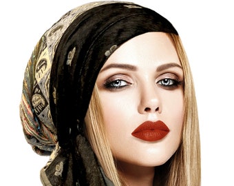 Black Cashmere Headscarf Head Wear for Women Pre tied Bandana Tichel Head cover Soft Multi Color Non Slip Headscarf Handmade ShariRose