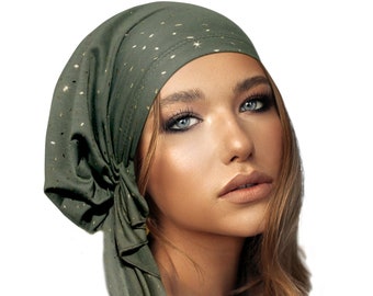 Olive Green Headscarf Tichel Gold Sparkle Cotton Jersey Soft Stretchy Pre-Tied Head Wear for Women Bandana Turban Headwrap Taupe ShariRose